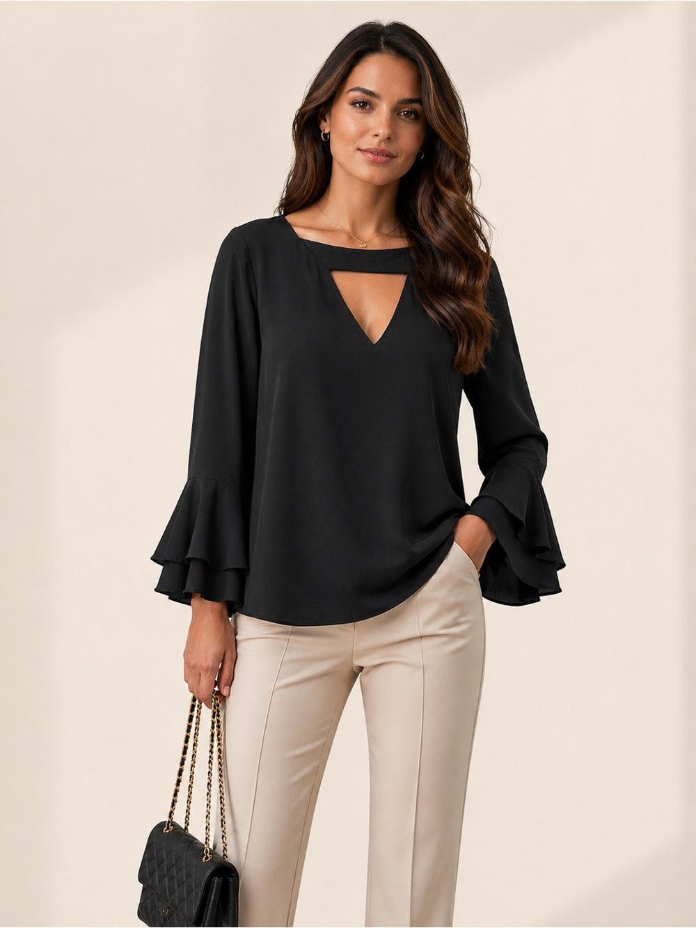 Soho Jeans Black Keyhole Cutout Blouse‎ Bell Sleeve Flowy Top Size S